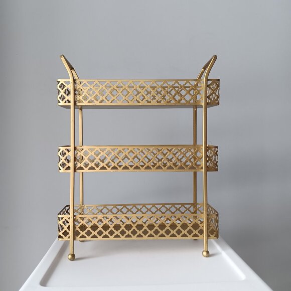 Gold-toned Metal Three Tiered Decorative Organization Tray 13" Tall - Picture 3 of 10